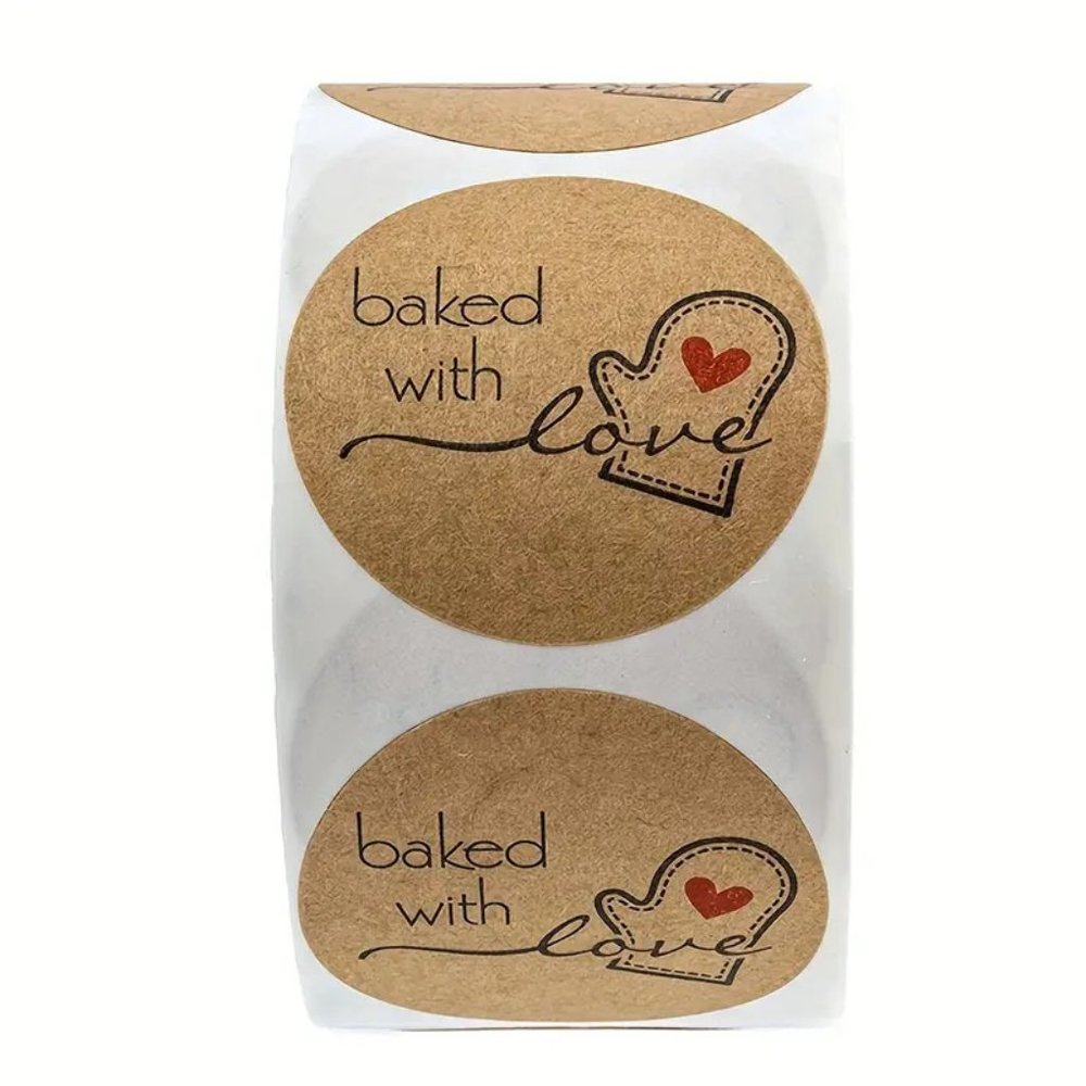 NEW 500 Stickers Baked with Love Kraft Paper Oven Mitt Stickers - Brown